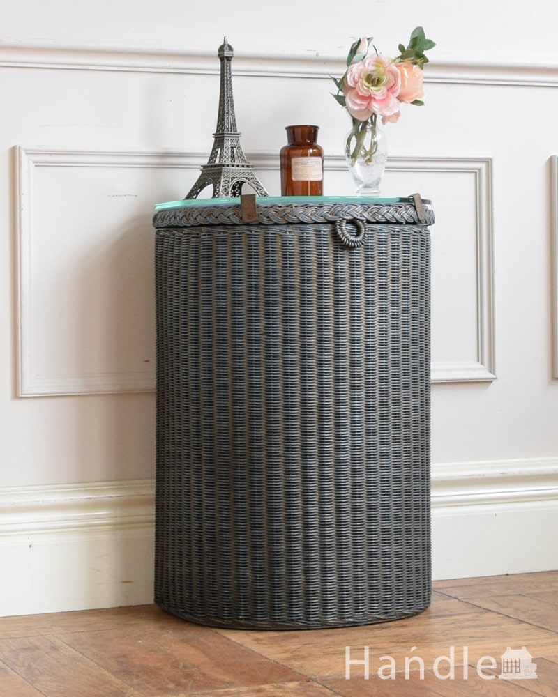 アンティークのロイドルームボックス、サイドテーブルにもなるガラス天板付きのランドリーボックス (q-2292-f)