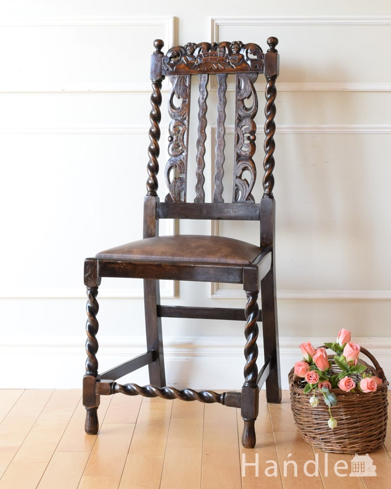 アンティークのダイニングチェア、背もたれの装飾も華やかなツイスト脚の椅子 (k-1655-c)