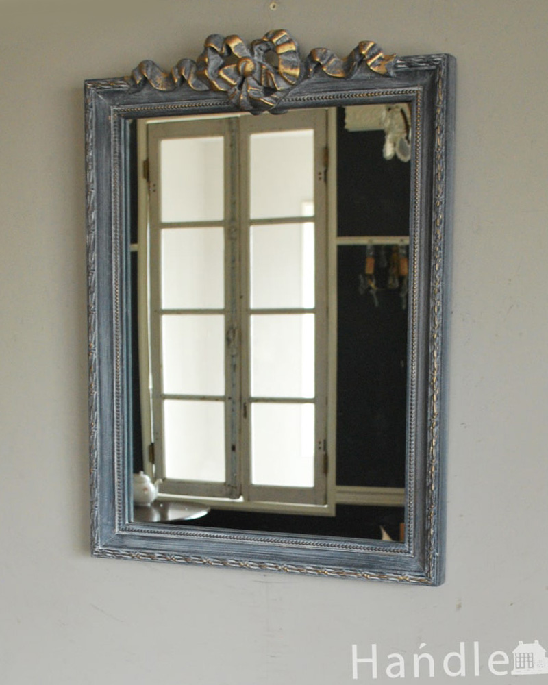 フレンチアンティーク調のおしゃれな鏡、リボン付きのウォールミラー（レクタングル型・Ｍ）(n8-081)｜インテリア雑貨