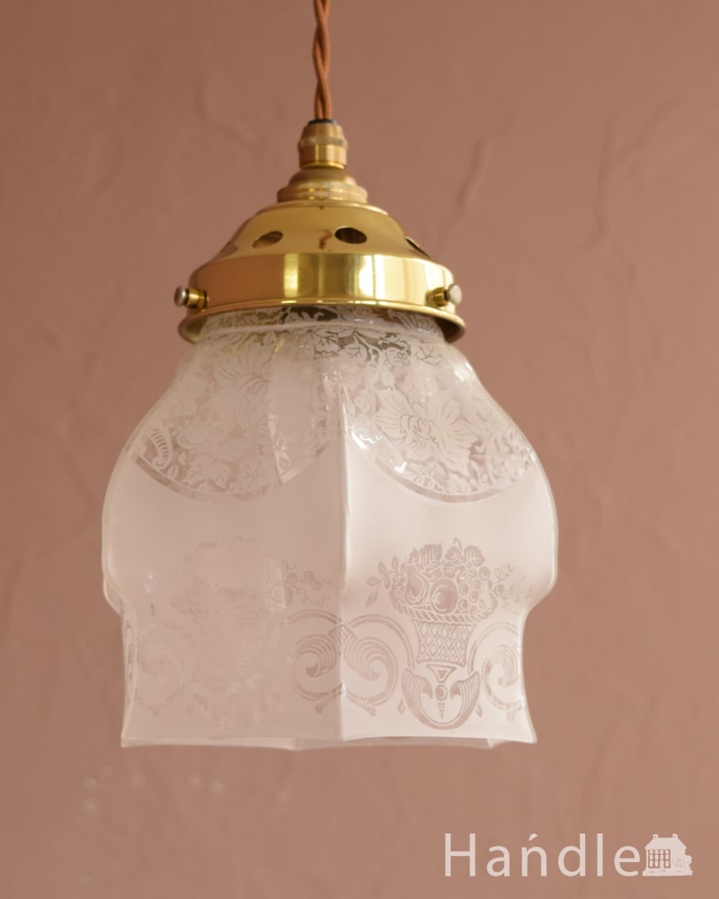 イギリスのアンティーク照明、ガラスの模様が美しいランプシェード 