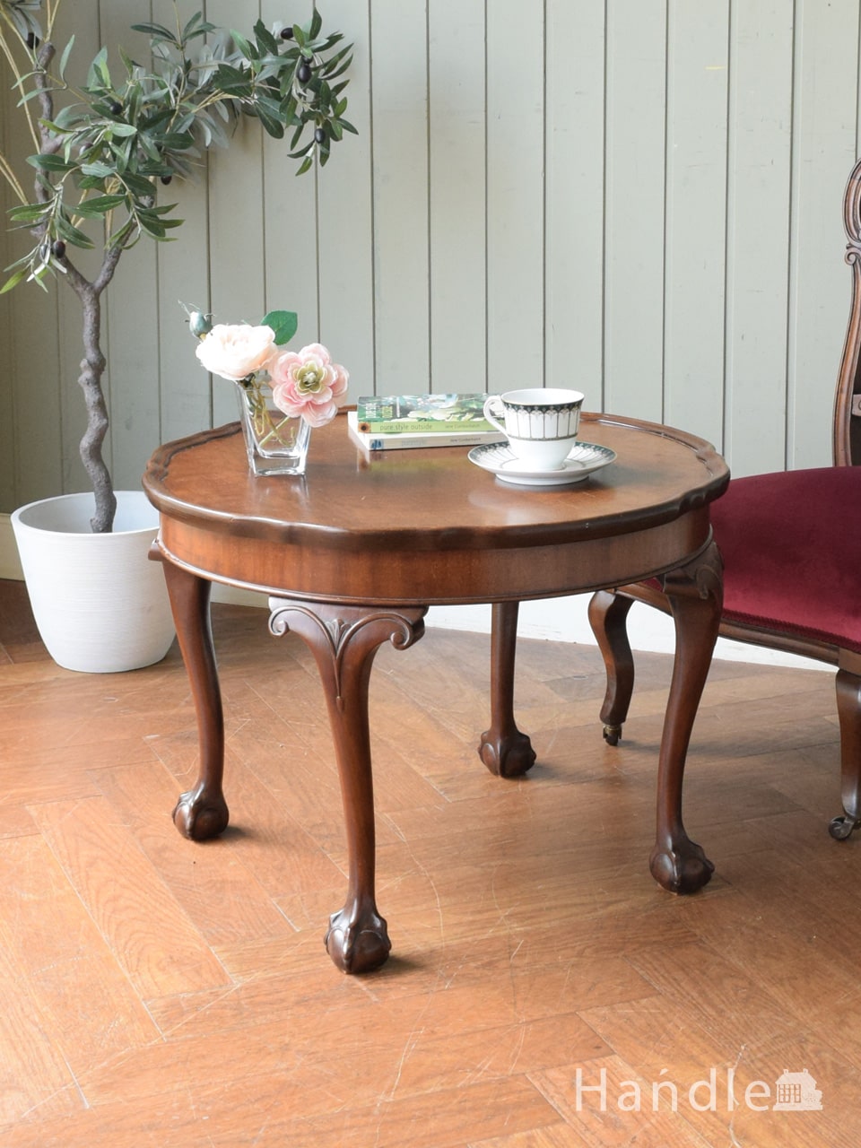 マホガニー材のおしゃれなコーヒーテーブル、英国アンティークの丸いセンターテーブル (z-198-f)