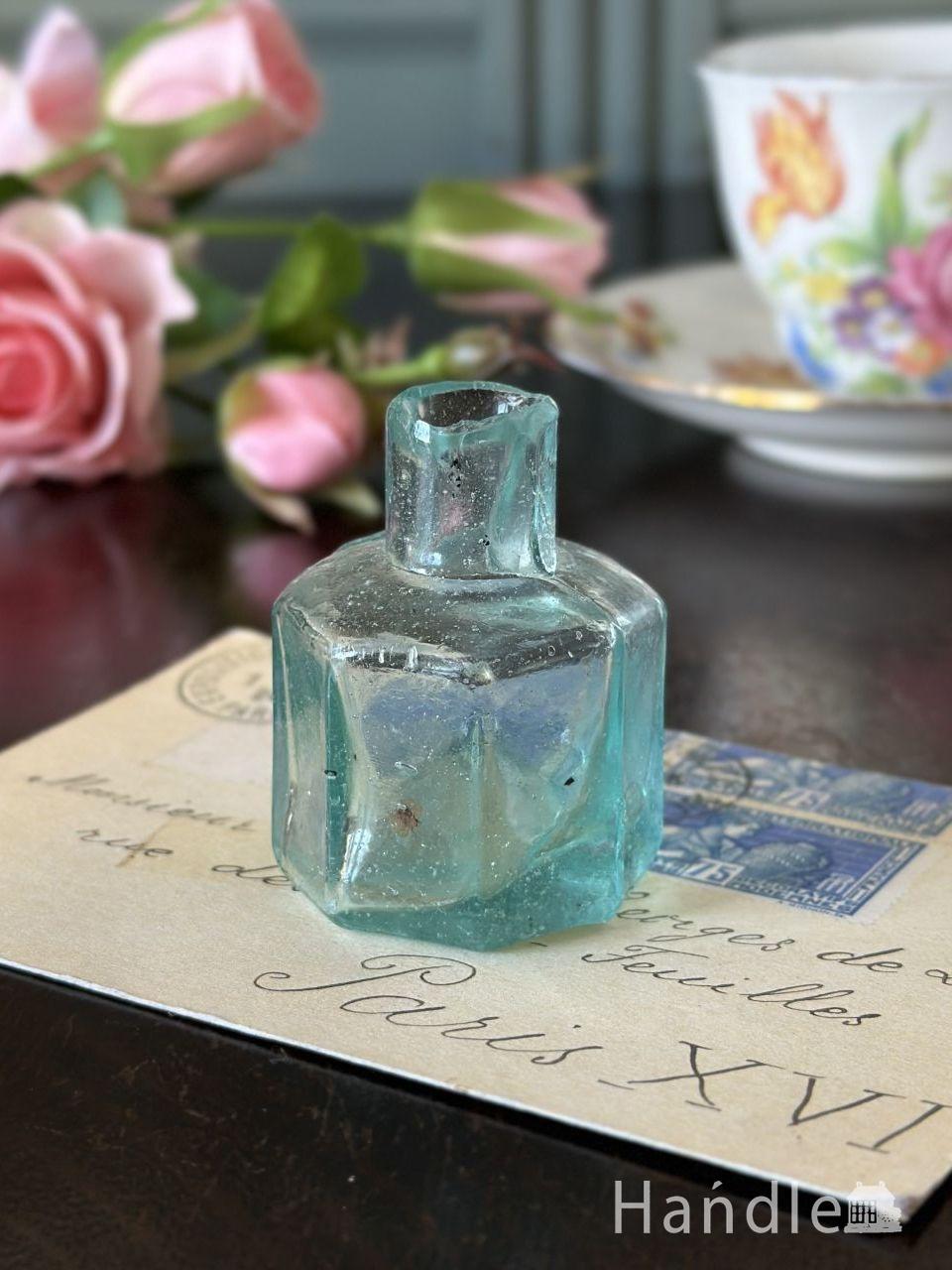 イギリスのアンティークのインクビン、美しいブルーの八角形のガラス雑貨 (d-1935-z)