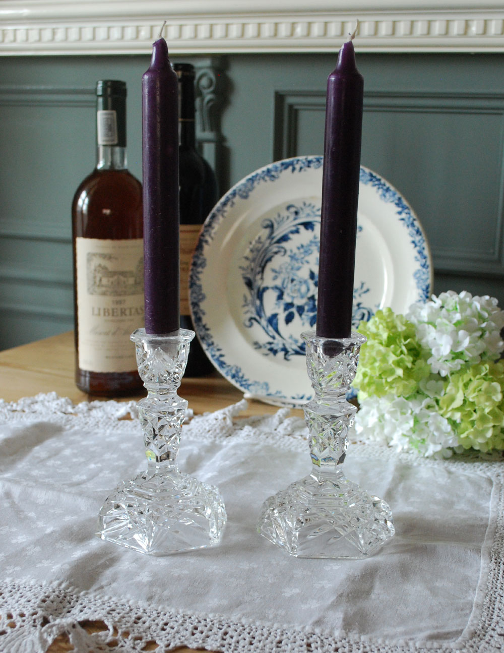 アンティークガラスのキャンドルスタンドセット、プレスドグラス (pg-2849)