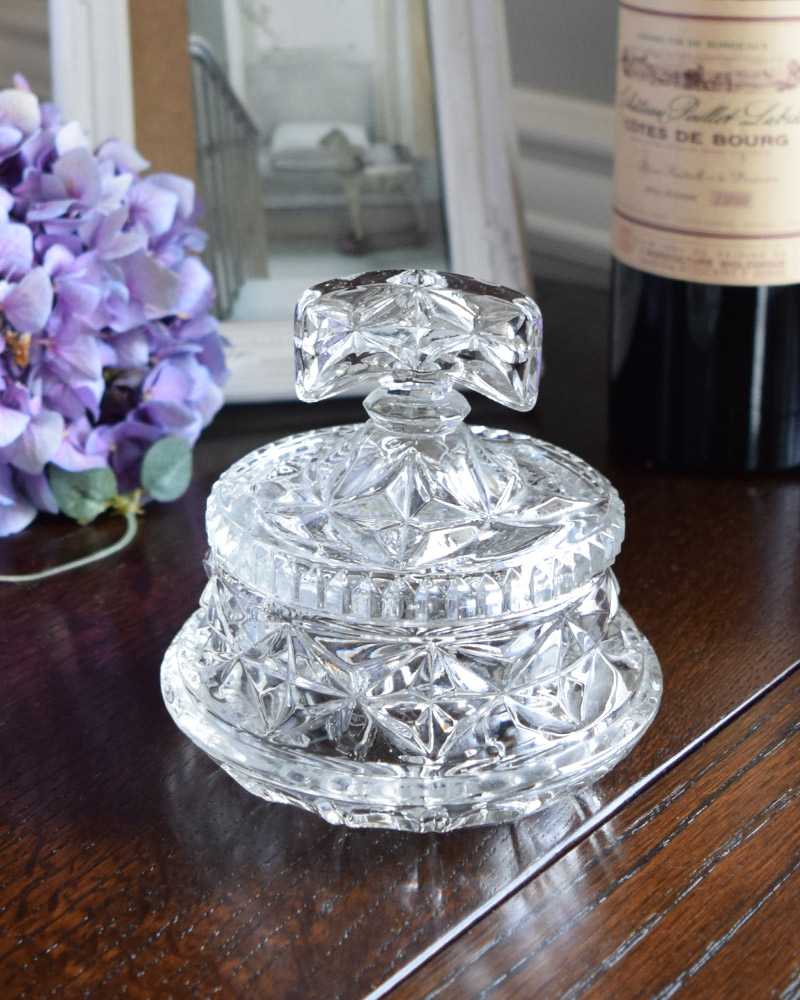 ゴージャスな持ち手がアクセント、ボディまで輝きが特別なガラスケース、アンティークプレスドグラス (pg-3486)