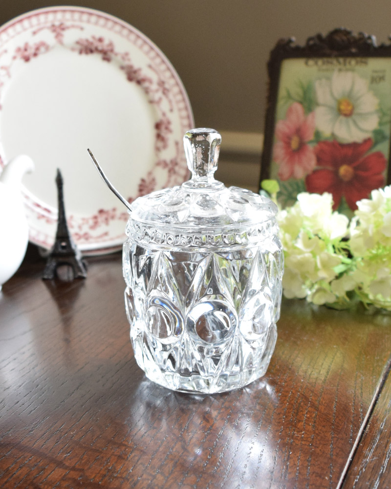 アンティークガラスのプレスドグラス、水玉模様のシュガーポット