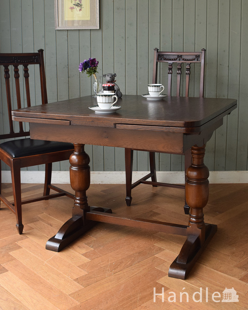 アンティーク英国輸入家具、脚の彫りがキレイなドローリーフテーブル (q-1009-f)