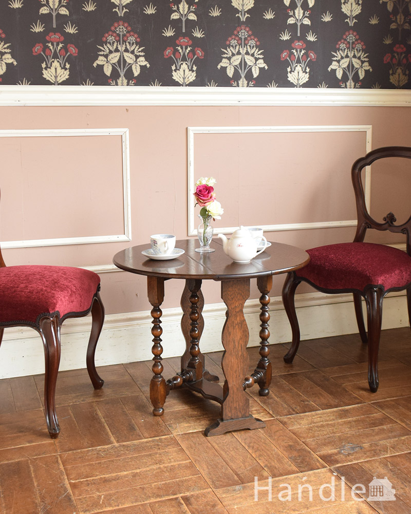 英国のアンティーク家具、珍しいコンパクトなサイズのゲートレッグテーブル（伸張式テーブル） (q-1034-f)