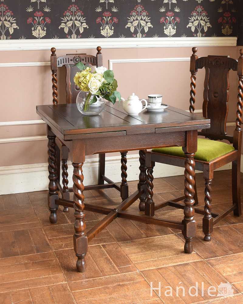 イギリス輸入のお洒落なアンティーク家具、美しいドローリーフテーブル（ダイニングテーブル） (q-1083-f)