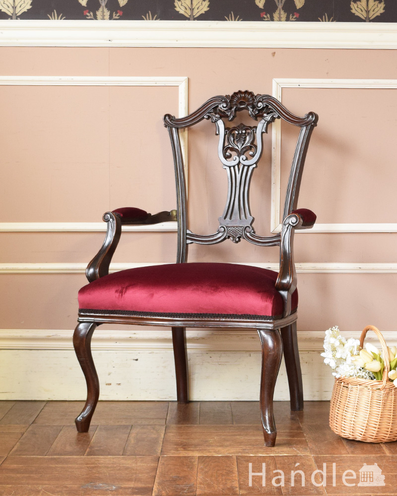 アーム付きのサロンチェア、マホガニー材のアンティーク英国椅子 (q-180-c)