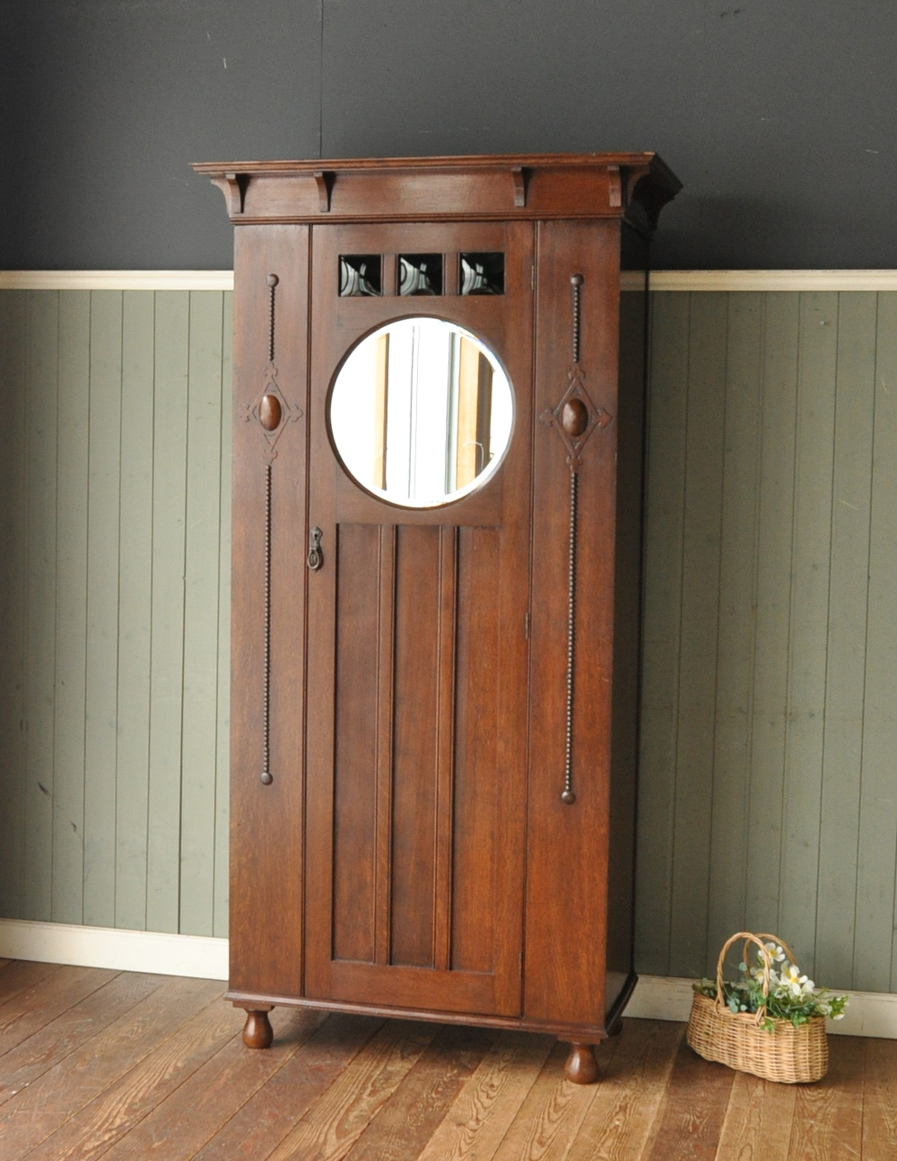 丸い鏡付きのアンティーク英国家具、オーク材のホールローブ (q-438-f)