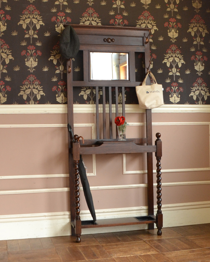 アンティークの英国インテリア、オーク材の鏡付きホールスタンド（コート掛け） (q-782-f)