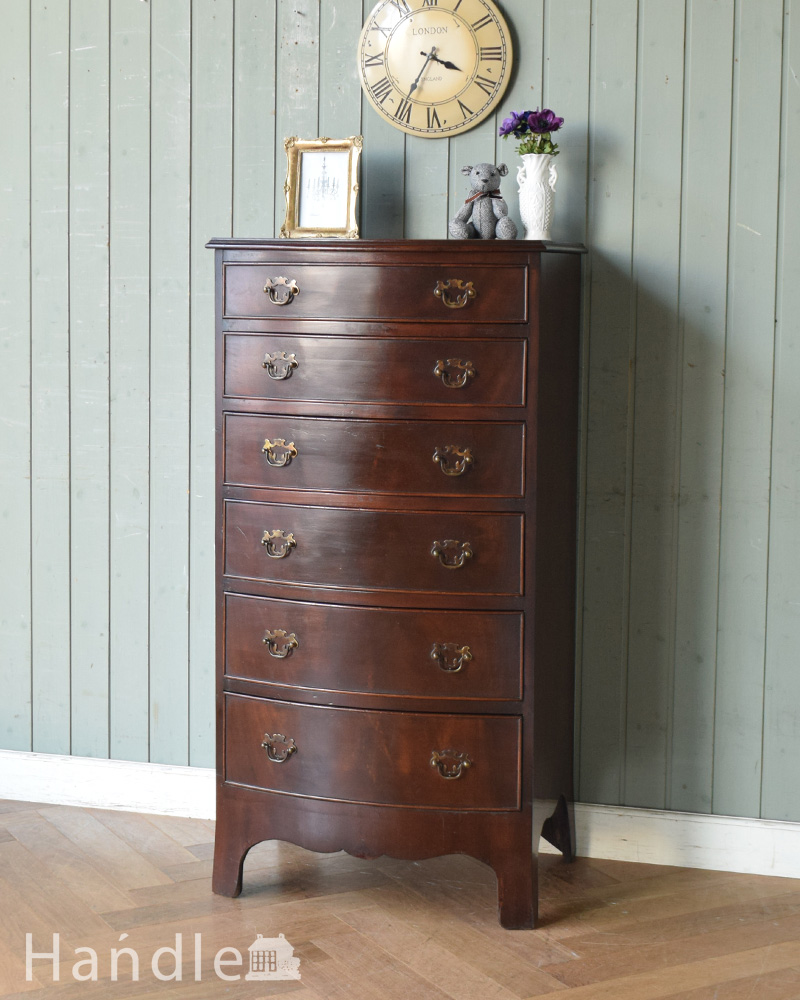 滑らかなマホガニーの木目が美しいアンティークのチェストオブドロワーズ (q-802-f)