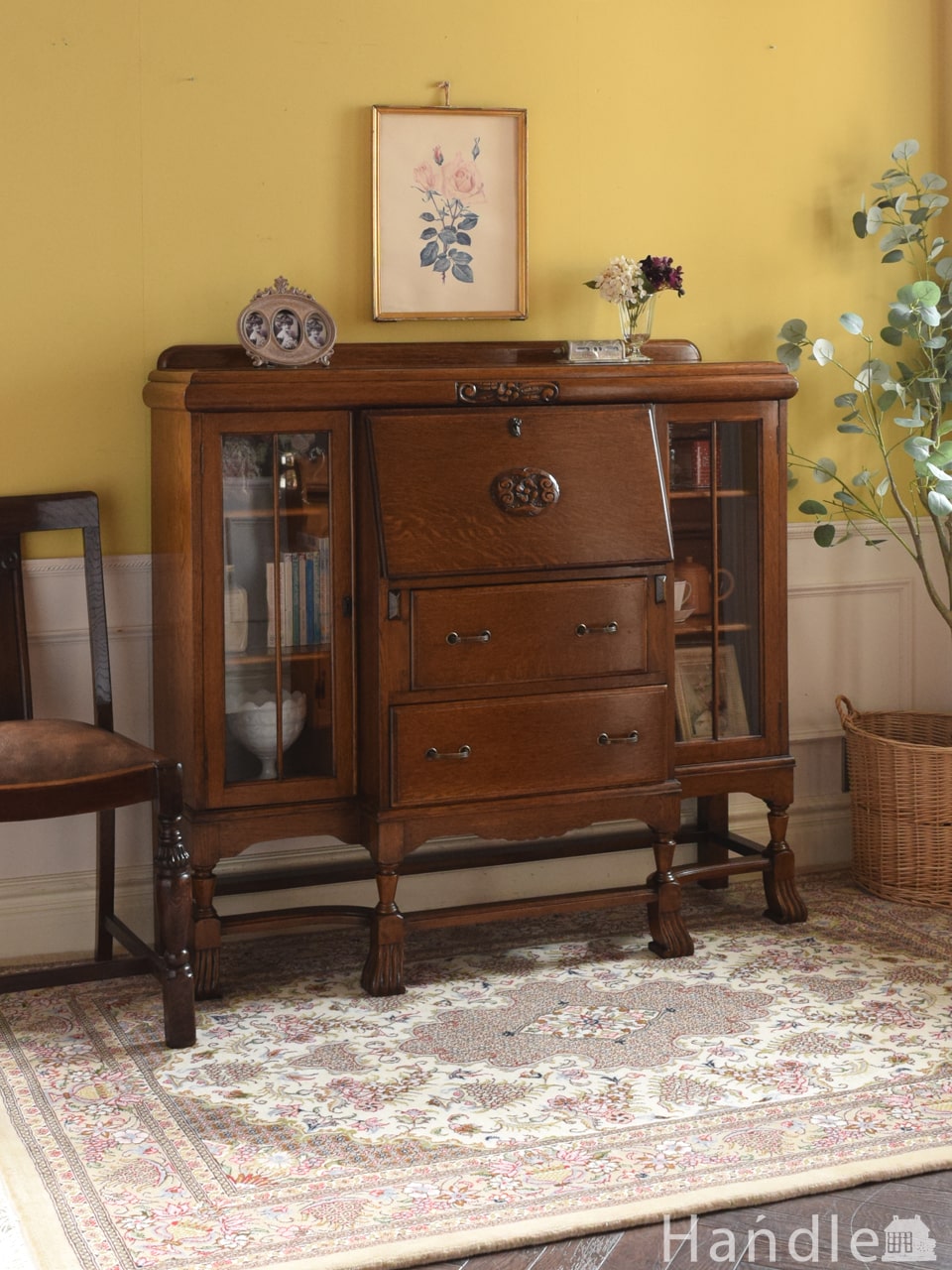 お花の彫刻が入った美しい収納付きのデスク、英国アンティークのサイドバイサイド