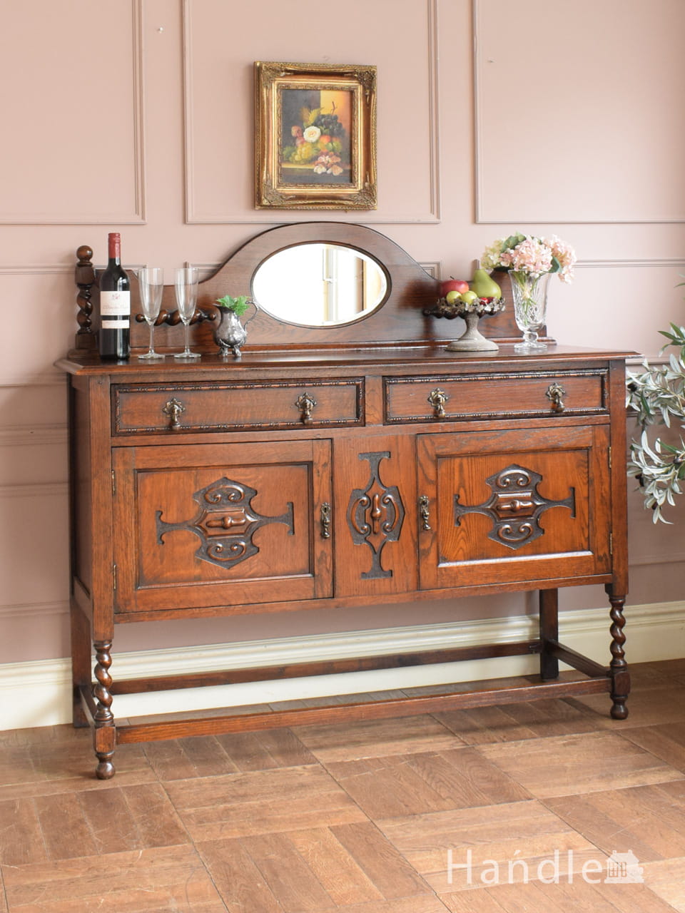 豪華な彫りがカッコいい英国アンティーク家具、美しい鏡が付いたミラーバックサイドボード (i-258-f)