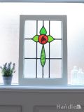 英国アンティークのステンドグラス、真っ赤な薔薇×グリーンの雫の美しいステンドグラス