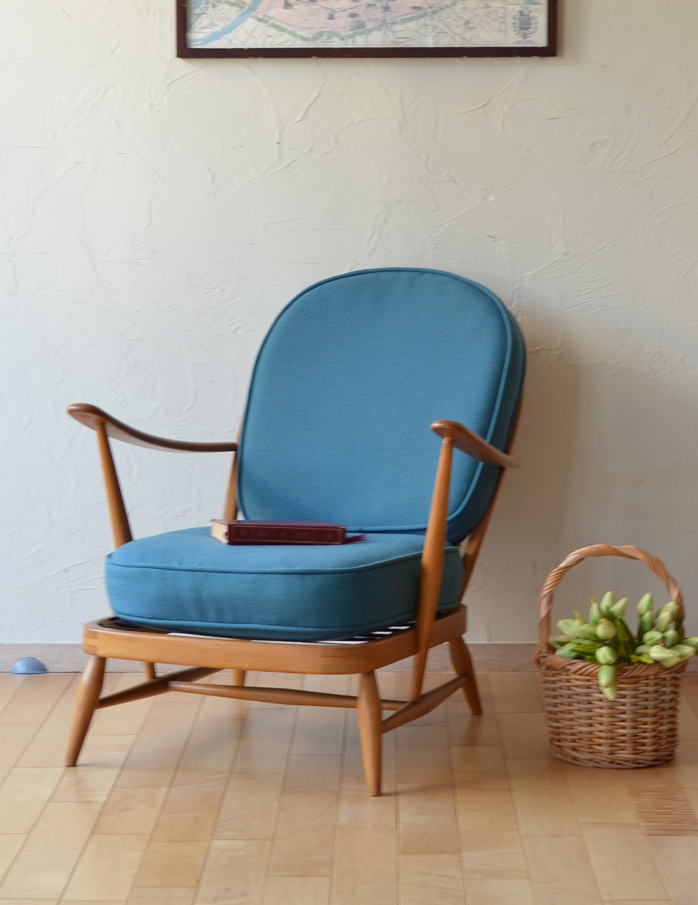 アーコール社のアンティークソファ、1人掛けのラウンジチェア（ブルー）(x415c)｜アンティークチェア・椅子