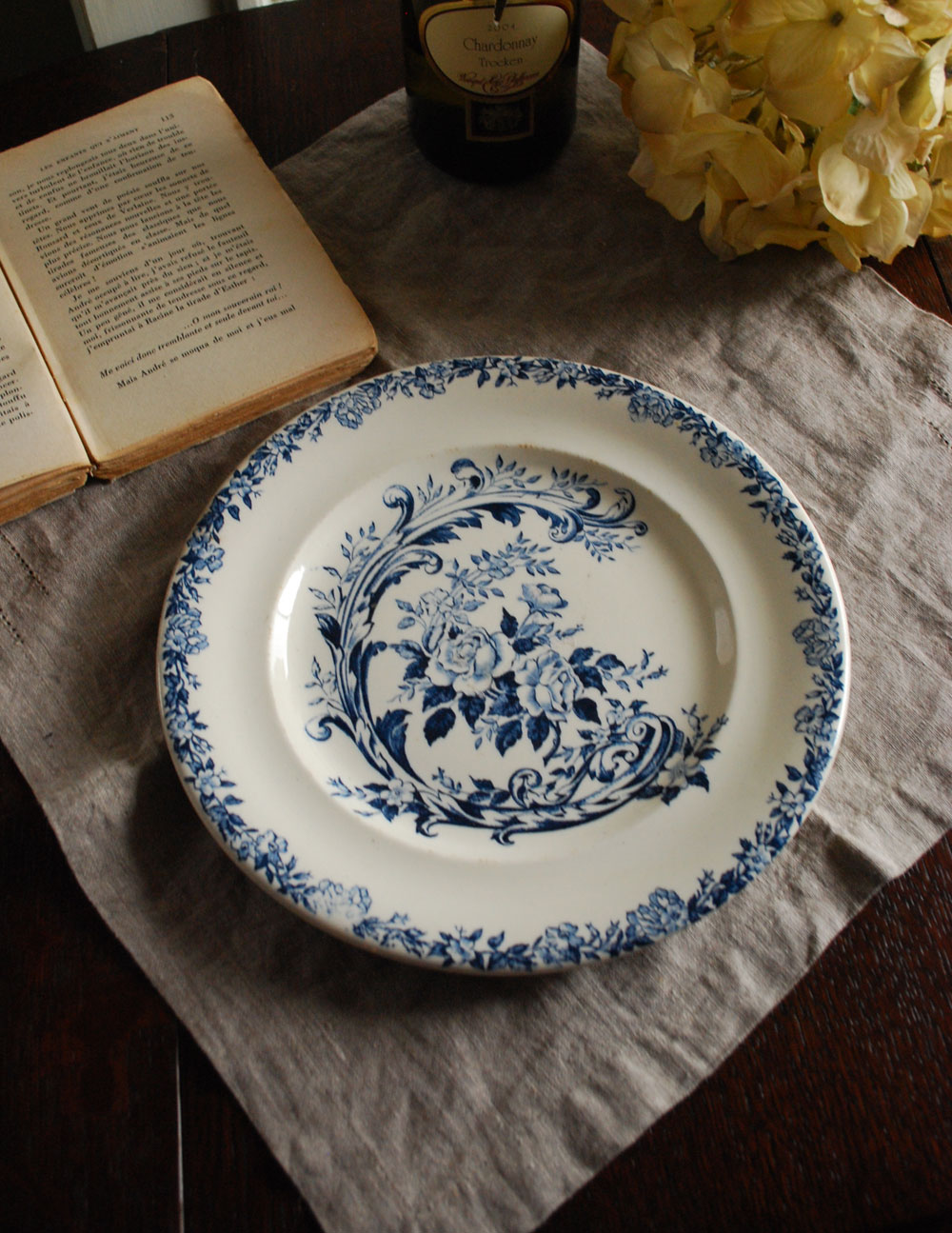 フランス アンティーク モノグラム プレート 藍色 Bordeaux ルーアン