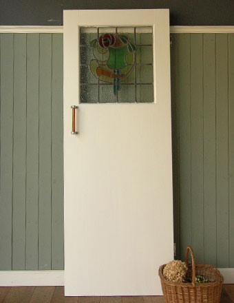 イギリスのアンティーク建具、バラ模様入りのステンドグラスが入ったドア (z-14)
