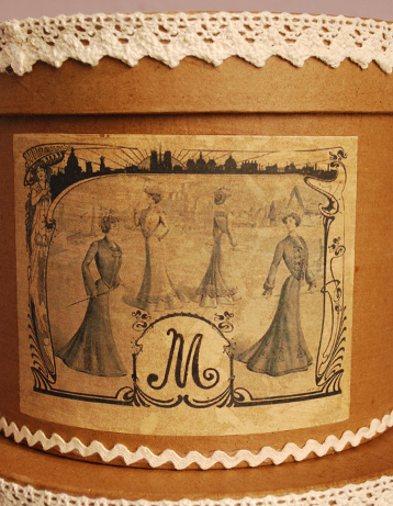 インテリア雑貨　コントワール・ド・ファミーユの帽子箱（エレガント･Ladies）2個セット。そのままポスターになりそうなくらい素敵な絵が描かれたラベル。(cf-587)