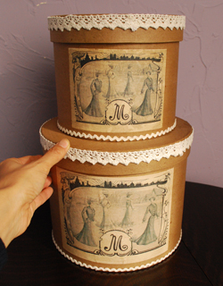 インテリア雑貨　コントワール・ド・ファミーユの帽子箱（エレガント･Ladies）2個セット。アンティーク風に仕上がっています。(cf-587)